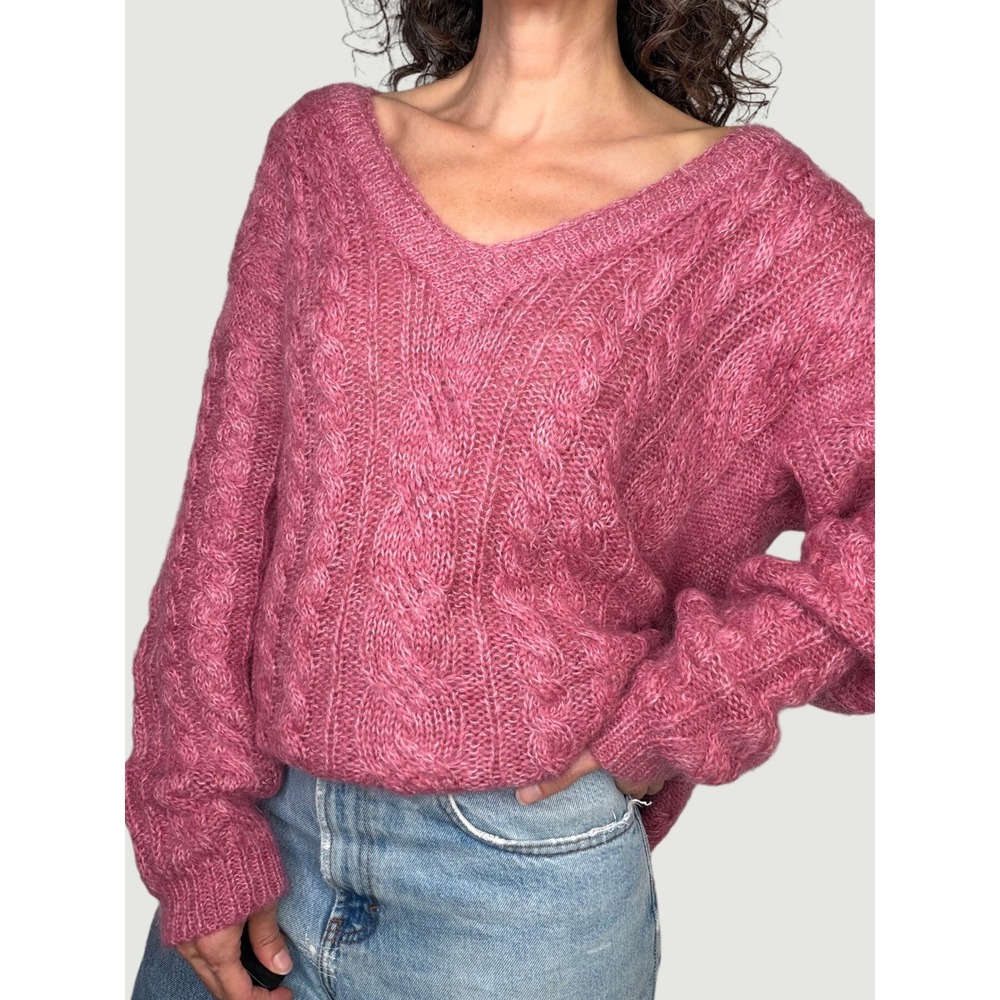 Vintage 90s Pink Mohair Wool Blend Cable Knit V-Neck Sweater Rose Pink L